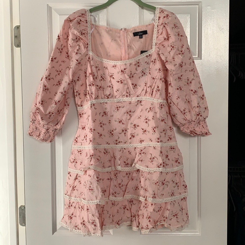 Pink floral print casual dress